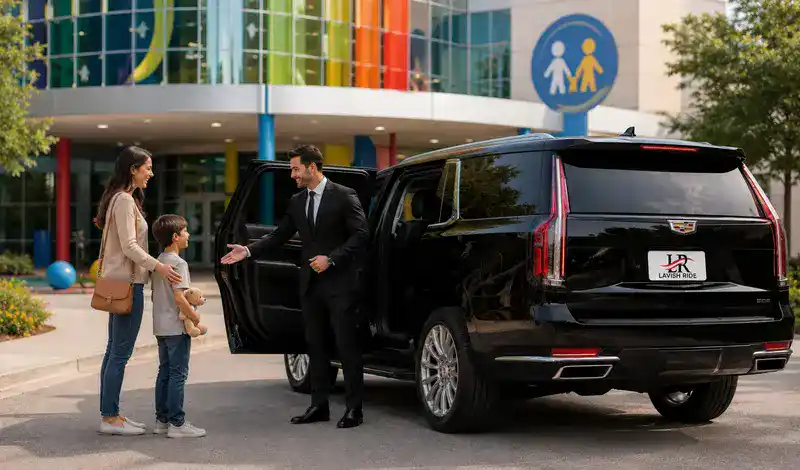 Luxury Cadillac Escalade chauffeur service welcoming a family and child outside Houston Children's Hospital.